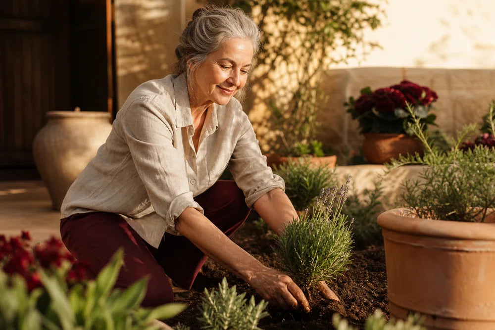 A woman gardening with ease, hands working the soil.