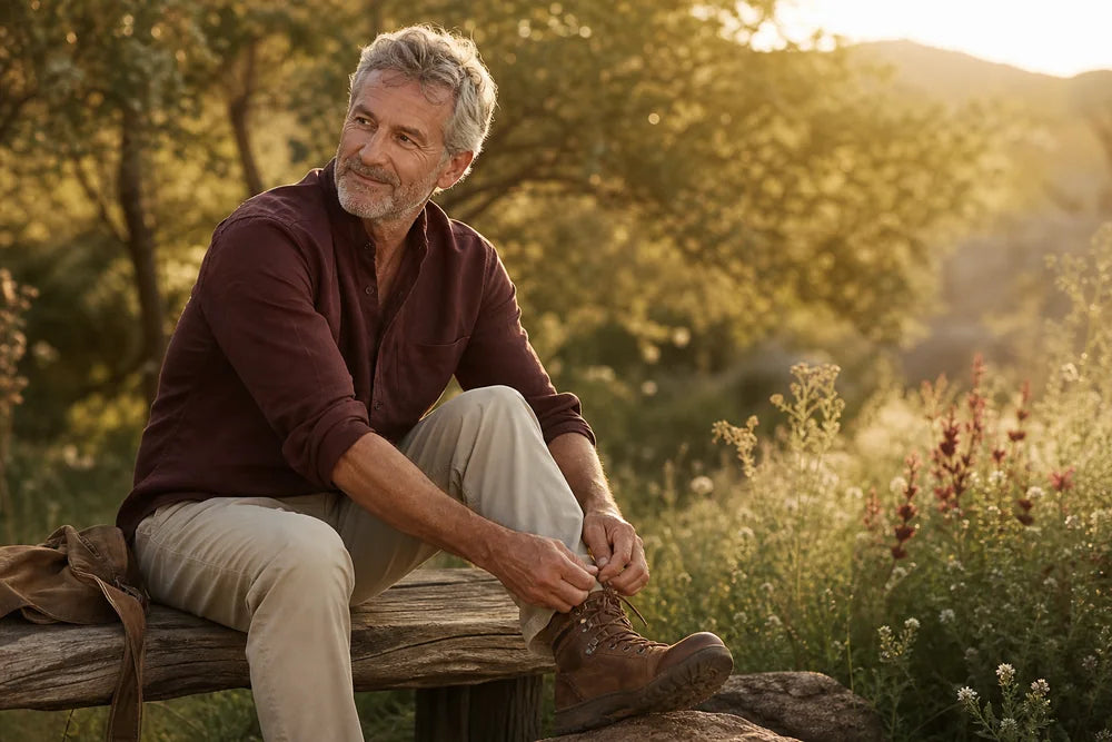 An active man lacing his boots at golden hour, moving with ease.
