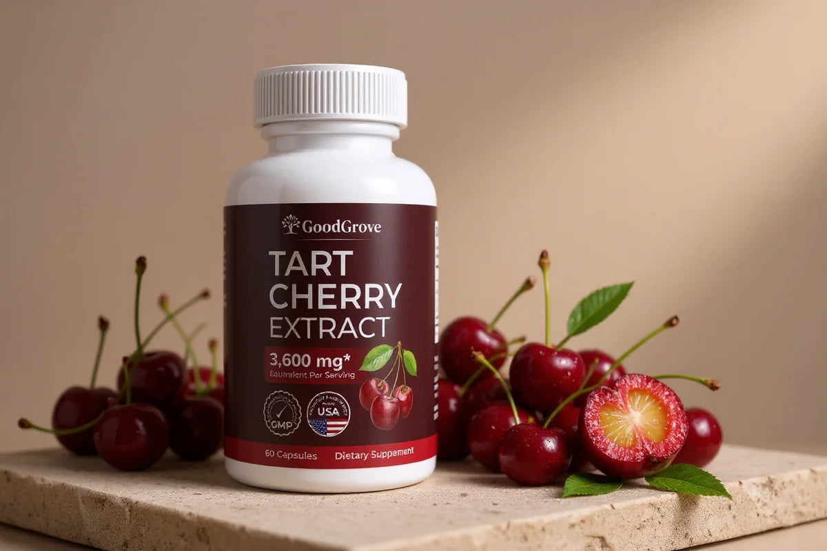 GoodGrove Tart Cherry Extract bottle surrounded by fresh tart cherries.