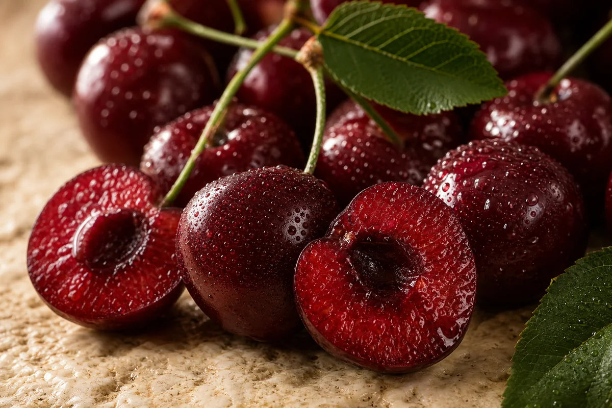 Macro close-up of fresh ripe tart cherries, several halved to show the flesh.