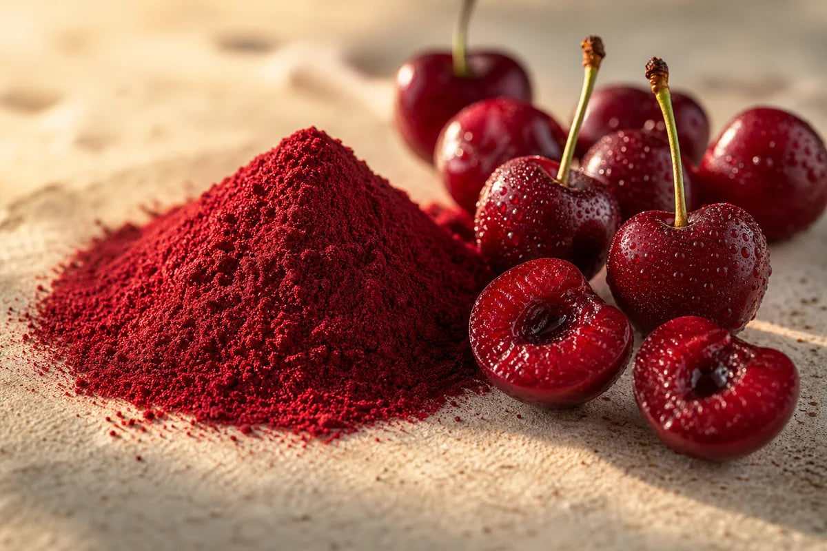 Macro close-up of deep red tart cherry powder beside fresh tart cherries.
